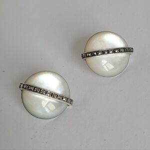 Vintage Sterling Silver Boho Mother Pearl Marcasite Crystal Round Stud Earrings